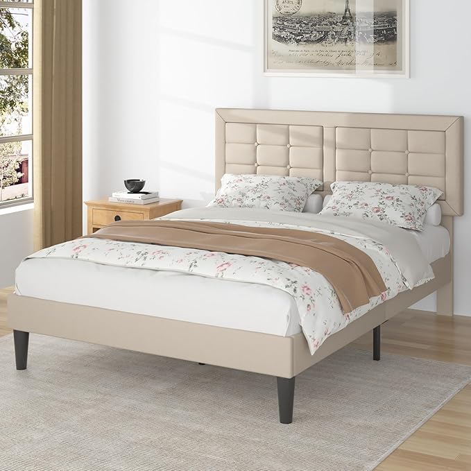 VECELO Full Size Bed Frame with Adjustable Headboard, Upholstered Button Tufted Platform Bedframe with Wood Slats Support, No Box Spring Needed, Beige