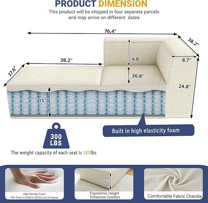 76" Sectional Compressed Sofa Modular Couches,High-Density Foam No Assembly Required, 2-Piece(1x Corner 1x Ottoman) for Living Room, Chenille Beige White