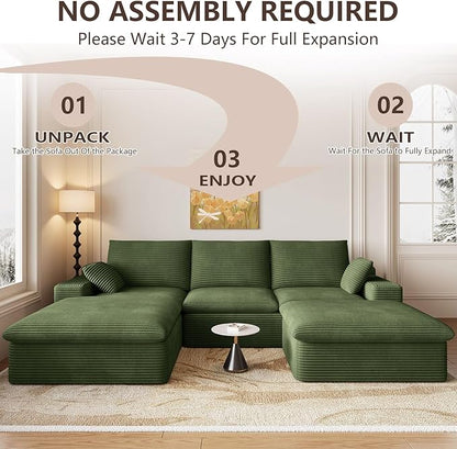 107" Cloud Modular Sectional Sofa with 1 Ottoman, Modern Upholstered Corduroy Couches, Comfort U Shaped Sofa for Living Room, Deep Seat Boneless Couch, No Assembly Required(Green,Left Facing Chaise)
