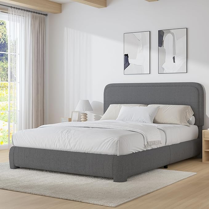 BarnFurin Queen Size Bed Frame, Boucle Upholstered Platform Bed Frame with Headboard, Modern Style, Soft Rounded Corners, No Box Spring Required, Easy Assembly, Dark Grey