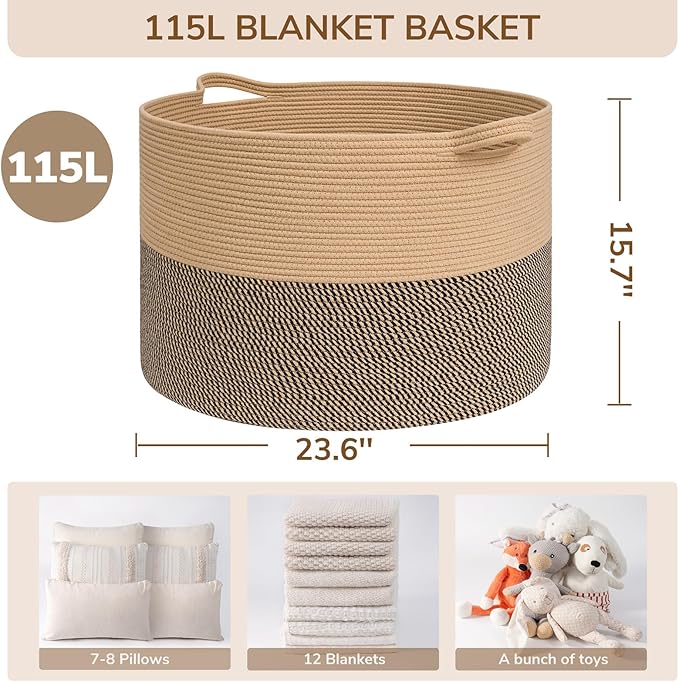 INDRESSME 115L Extra Large Blanket Basket, Woven Baskets for Storage, Wicker Storage Basket for Organizing Woven Laundry Baskets for Toy Pillow Shoe Entryway, Camel & Mix Camel