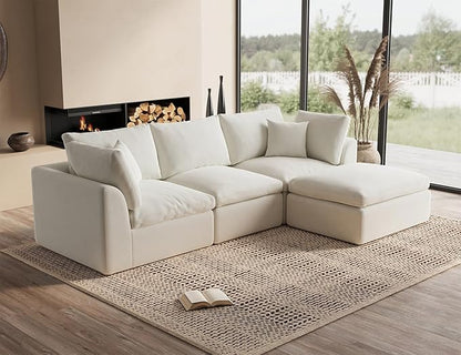 ohllob 110" Cloud Sectional Couches for Living Room, Convertible L-Shape Couch with Ottoman, 3 Seater Modular Sectional Sofa, Warm White