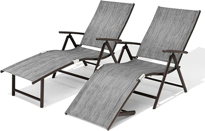 VredHom 2PCS Patio Chaise Lounge Outdoor Folding Adjustable Lounge Chair Recliner with 8 Adjustable Backrest Positions for Pool Beach Yard, Dark Gray Textliene and Brown Aluminum Frame
