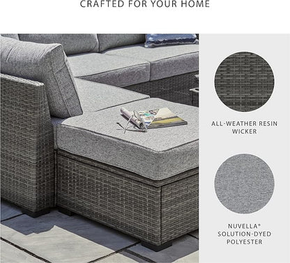 Signature Design by Ashley Petal Road Casual Nuvella Weather Resistant Fabric, Cushioned Outdoor Loveseat Sectional/Ottoman/Table Set with 2 Throw Pillows, Set of 4, Gray
