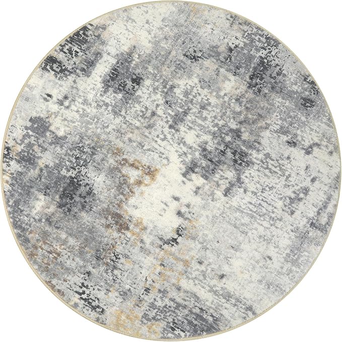 Lahome Modern Abstract Round Rug - 5Ft Grey Living Room Rugs Washable 5x5 Circle Rugs Indoor Dining Table Mat, Soft Non Slip Low Pile Office Carpet for Bedroom Playroom Kitchen Coffee Table
