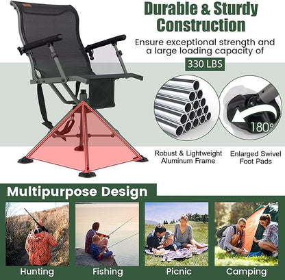 GYMAX Hunting Chair with Gun Rest, 360° Swivel Hunting Blind Chair w/Adjustable Height & Armrest, All-Terrain Duck Feet, Shoulder Strap, 330 LBS Folding Outdoor Ground Blind Seat