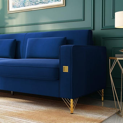 2PCS 85.63" Blue Velvet Sofa,Modern Loveseat Couch with Pillows Set of 2 for Living Room,Bedroom,Apartment Furniture with Gold Metal Legs