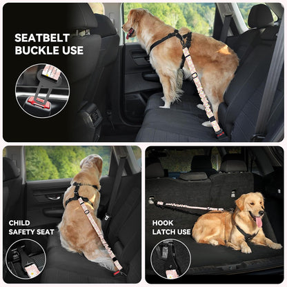 Pawaboo 2Pack Dog Seatbelt for Car, 3-in-1 Dog Car Seat Belt Bungee, Dogs Tether for Cars with Buckle & Hook Latch, Adjustable Reflective Dogs Cars Harness Leash with 360° Lockable Buckle, Light Pink