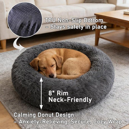 Calming Donut Dog Bed Medium Size Dog - Washable Removable Cover Non-Slip Bottom, Round Pet Bed Cat Bed Warming Fluffy Plush Faux Fur Anti-Anxiety, Fits up to 45 lbs (Dark Grey, 30")