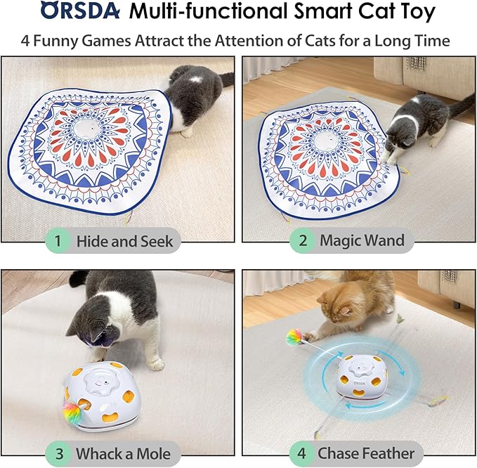 ORSDA Cat Toys, 4 in 1 Interactive Cat Toys for Indoor Kitten, Automatic Electric Enrichment Hide and Seek, Chase The Feather, 8 Holes Mice Whack-A-Mole, Catch Magic Wand