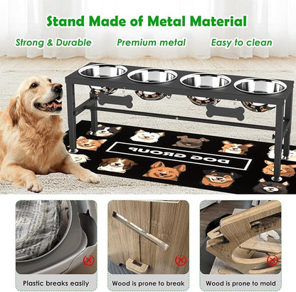 SHAINFUN Adjustable Height Dog Bowl Stand with 4 Bowls for Multi-Dog Homes– Elevated Dog Bowls for Large Breeds with Anti-Slip Mat, Raised Feeding Station with Stainless Steel Bowls