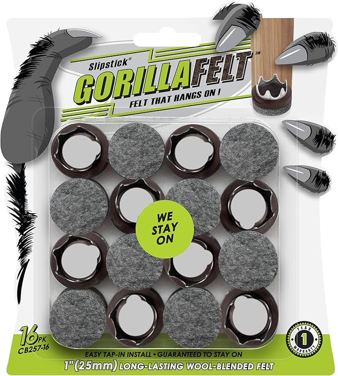 GorillaFelt Chair Leg Floor Protectors/Felt Chair Glides (Set of 16) Tap-On Felt Furniture Pads Guaranteed to Stay On, 1 Inch Round Chair Sliders