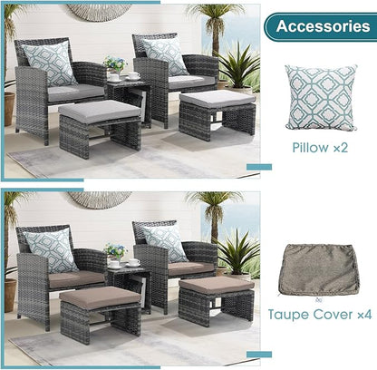 OC Orange-Casual 5 Piece Patio Furniture Set, Wicker Outdoor Conversation Chair and Ottoman Set with Coffee Table, Pillows Included, for Balcony, Porch, Deck, Light Grey