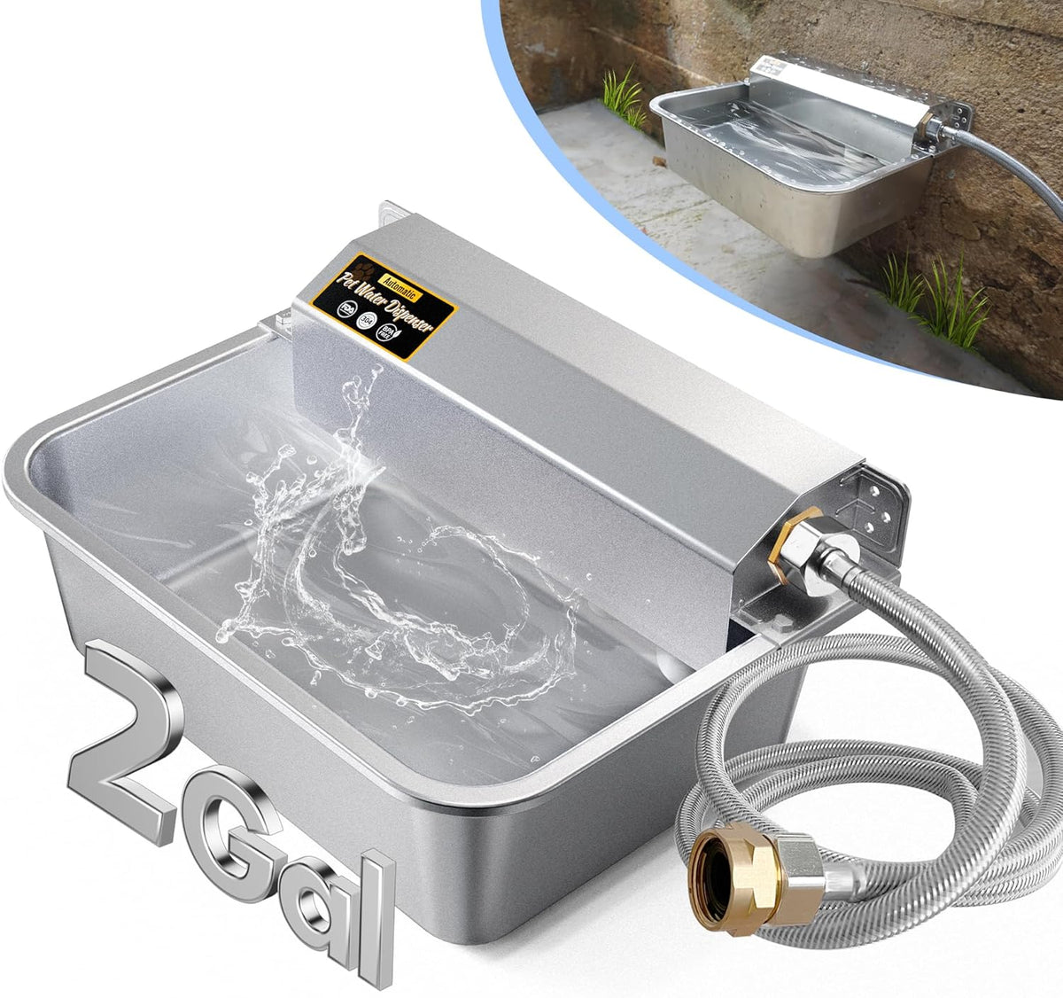 Automatic Dog Water Dispenser, 2 Gallons 304 Stainless Steel Dog Water Bowl for Indoor/Outdoor, Large Water Bowl for Pets & Livestock, Anti Tip, Wide Mouth, Water Auto Fill, Fit GHT 3/4" Faucet