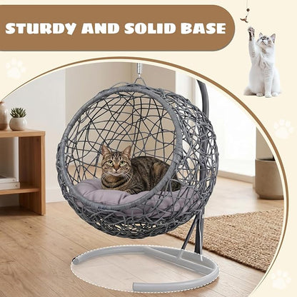 Hanging Cat Swing Bed with Stand & Cushion | Rattan Wicker Egg Chair for Cats, Small Dogs & Pets, Indoor Swinging Bed, Cozy Resting Spot, Modern Design