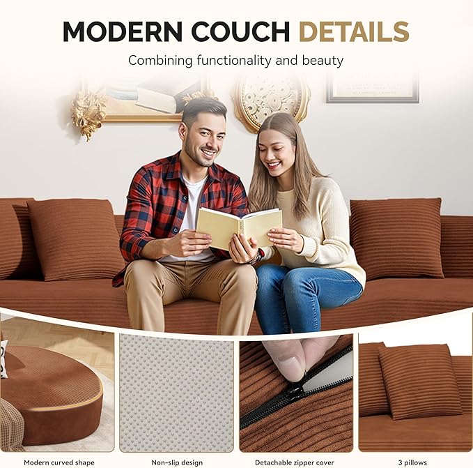 128" Oversized Modern Curved Sofa,Boneless Cloud Sectional Couch with Deep Seat,No Assembly Required Corduroy Couches for Living Room,Reddish Brown,1 PCS
