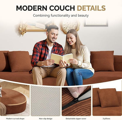 128" Oversized Modern Curved Sofa,Boneless Cloud Sectional Couch with Deep Seat,No Assembly Required Corduroy Couches for Living Room,Reddish Brown,1 PCS
