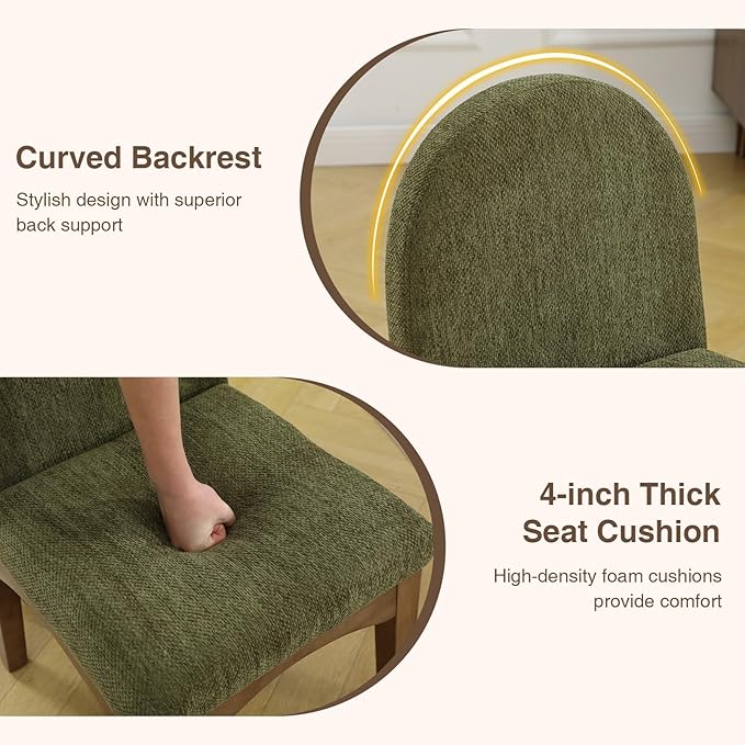 DUOMAY Modern Dining Chairs Set of 2, Mid Century Chenille Upholstered Dining Room Chairs Kitchen Chairs with Solid Rubberwood Legs, Armless Accent Side Chairs, Green
