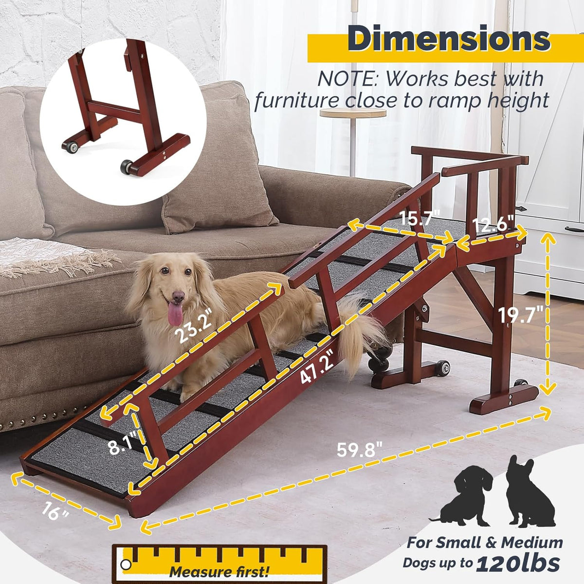 Dog Ramp for Bed or Couch, Wooden Pet Ramp with 20° Gentle Slope, Removable Side Rails, Non-Slip Surface, Top Platform & Wheels, Safe Bed Ramp for Small, Medium & Senior Dogs, 60" Long, Mahogany