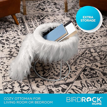 BIRDROCK HOME Round Faux Fur Foot Stool - Small Padded Ottoman with Soft Cushion for Living Room, Bedroom, or MakeUp Room - Modern Upholstered Accent Chair, Vanity Seat, Footrest for Couch/Sofa - Grey