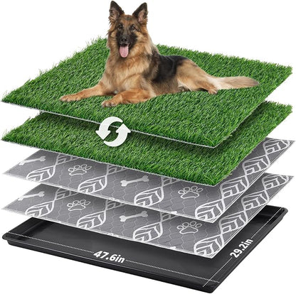 LOOBANI Large Dog Grass Pad with Tray - 47.6x29.2in for Balcony Apartment | Dog Potty with 2 Artificial Grass & 2 Washable Pee Pads for Replacement, Quick-Absorbency, Easy to Clean, Indoor/Outdoor Use