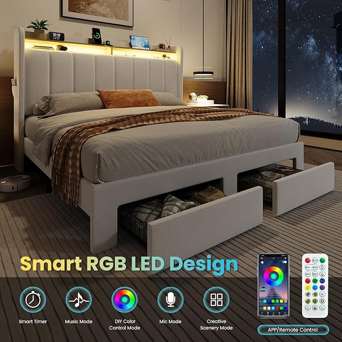 SHA CERLIN Velvet Full Size Bed Frame with Vertical Channel Tufted Wingback Headboard & 2 Storage Drawers/2-Tier Shelves with LED Lights & Charging Station/Noise-Free/No Box Spring Needed/White