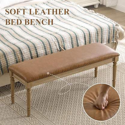 DM Furniture 46'' French Country Entryway Bench Wooden Faux Leather Upholstered Seat Dinng Bench with Nailhead Trim for Hallway End of Bed, Brown