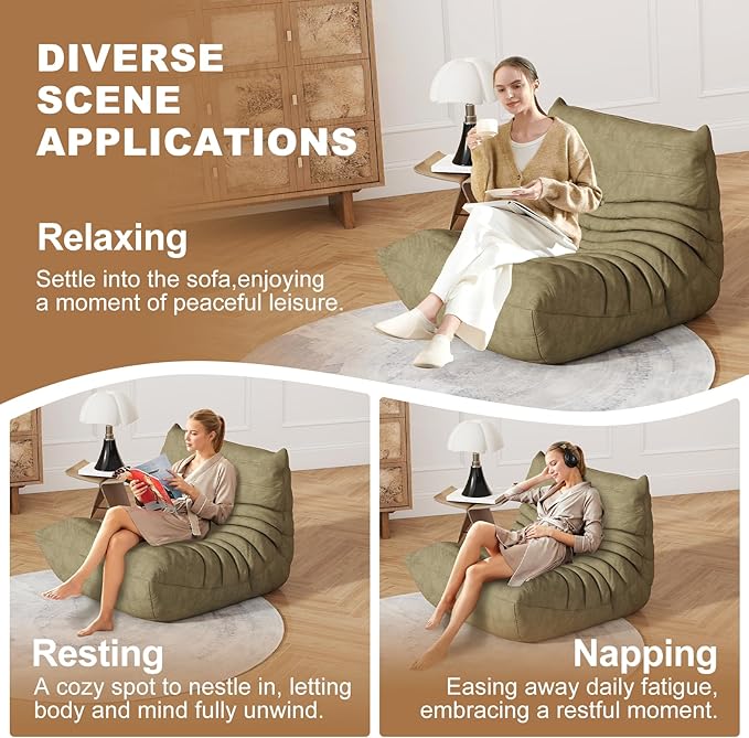 Bean Bag Chair for Adults, Bean Bag Sofa - Adult Size with Soft Waterproof Fabric for Living Room, Apartments, Reading Corner, Gaming, and Movie Venue (Olive Green)