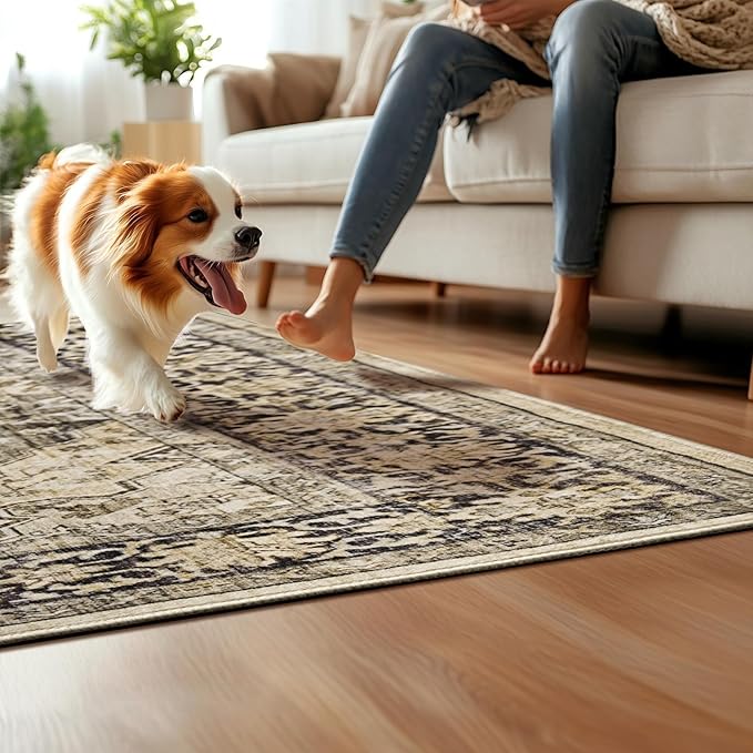 6x9 Living Room Rug Non Slip with Rubber Backing Machine Washable Soft Faux Fur Low Pile Stain Resistant Boho Vintage Euro Floral Carpet Rug for Bedroom Dining Room Kid's Room Home Office,Hazel Brown