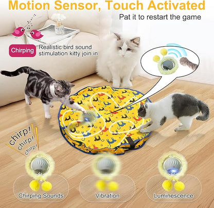 Interactive Cat Toys for Indoor Cats, Automatic Motion Cat Toy in Pouch Fast Rolling Ball in Play Mat Hide and Seek Mouse Catching Game with Chirping Stimulation,Led Light,Auto On/Off(Yellow)