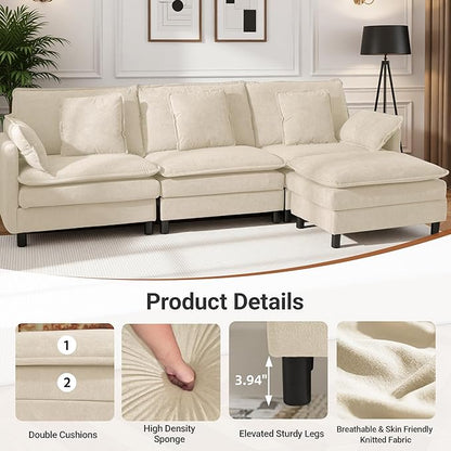 Claiks 148" Modular Sectional Sofa, Cloud Couch with Ottoman, U-Shaped 6-Seater Sofa in Chenille Fabric, Deep Seat Comfy Couch with Pillows for Living Room & Offices, Beige