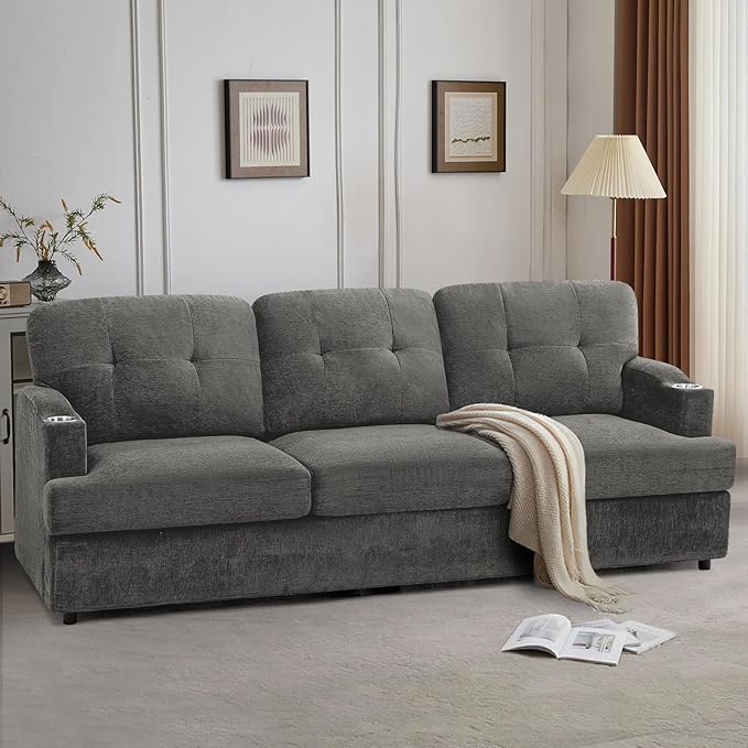 89" Chenille Modern Sofa with Cup Holder, Tufted Upholstered Couch with Thickened Cushions, Comfy 3 Seater Sofa with Deeper Seat for Living Room, Apartment, Grey