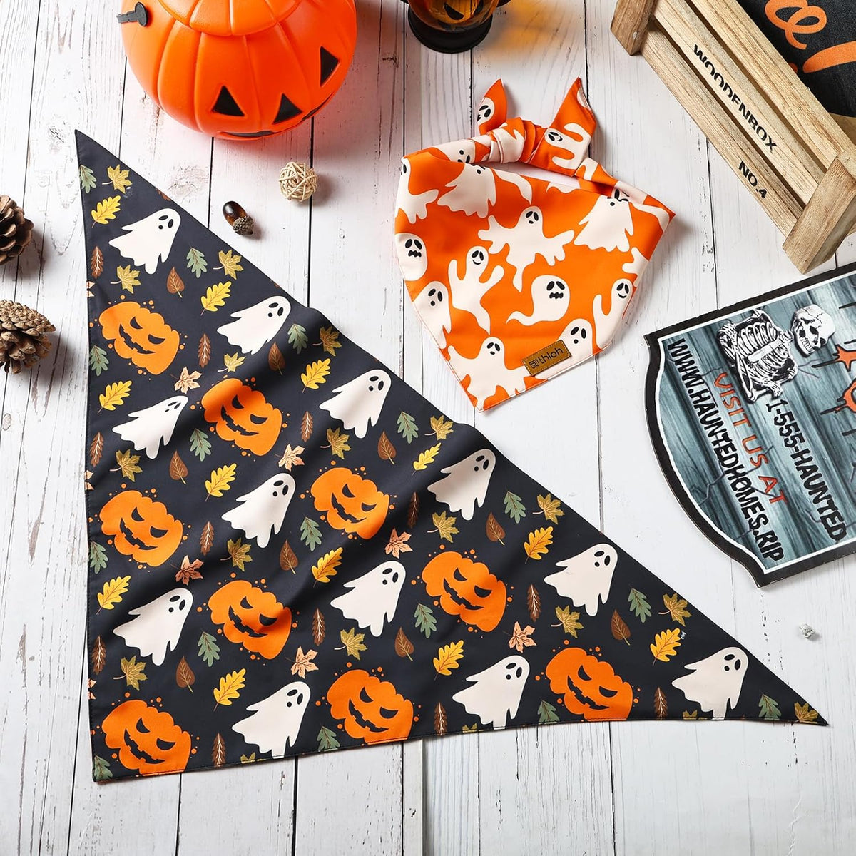 Halloween Dog Bandanas - 2 Pack Fall Dog Bibs | Reversible Pumpkin and Ghost Pet Scarf for Boys and Girls | Premium Durable Fabric | Orange Dog Bandana for Medium and Large Dogs (Large)