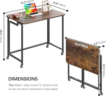 4NM 31.5" Mobile Small Rolling Computer Desk, Folding Laptop Cart Table with Wheels, Portable Office Desk for Small Space Couch Bed - Rustic Brown and Black