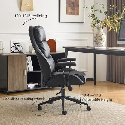 VINGLI Executive Ergonomic Office Chair with 100-130° Reclining, High-Back Desk Chair with Adjustable Base & Headrest Support & Wheels, Comfy Gaming Chair for Computer, Home Office, Pu-Leather, Black