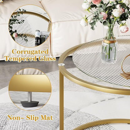 aboxoo Nesting Coffee Table Set of 2, Small Round Glass Nesting Tables for Living Room Bedroom, Accent Tea Table with Gold Metal Frame Modern Industrial Simple