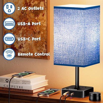 Bedside Lamp & Desk Lamp with Remote, Touch Control, USB-C/A Ports + Outlets | Blue Fabric Shade Nightstand Table Lamp for Bedroom, Living Room Lighting | Cute Modern Boho Lamp with Charging Station