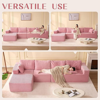 138" Boneless Couch with Deep Seat, Modular Sectional Sofa, Cloud Sectional Couch for Living Room, No Assembly Required, Corduroy, 4 Seater L-Shape Left, Pink