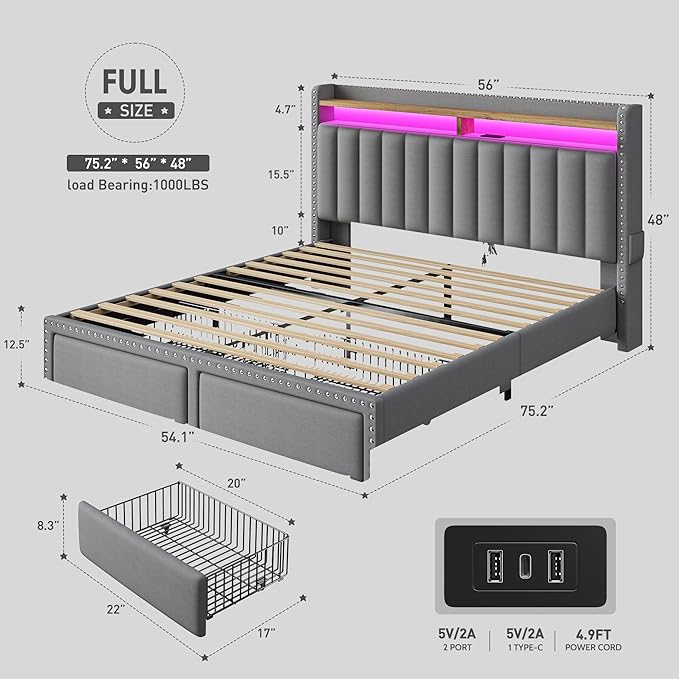 EnHomee Full Size Bed Frame with 2-Tier Storage Headboard & Charging Station, LED Platform Bed Frame with 2 Storage Drawers, Sturdy Wooden Slats Support, Noise-Free, No Box Spring Needed, Grey