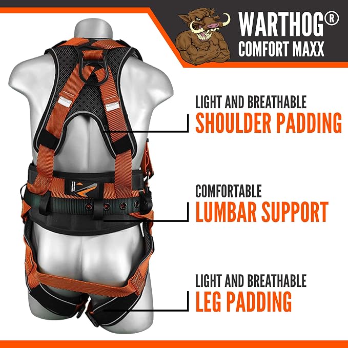 Warthog Comfort MAXX - Safety Harness for Construction – Fall Protection Equipment with Removable Belt and Lumbar Support, Side D-Rings, and Padding, OSHA & ANSI Compliant (3XL)