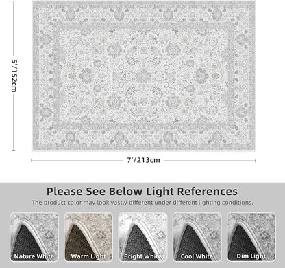 Boho Washable Area Rug Neutral Grey 5x7 Rugs for Living Room, Floral Modern Bedroom Rug Indoor Carpet for Dining Room Kids Room Playroom