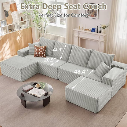 140" Sectional Cloud Couch for Living Room, Stupendous U Shaped Sofas, Modular Floor Deep-Seat Sofa, Big Comfy Corduroy Couches Set with Fluffy Memory Foam, No Assembly Required, Grey