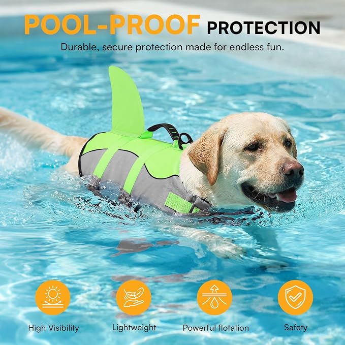 Dog Life Jacket Ripstop Shark Dog Safety Vest Adjustable Preserver with High Buoyancy and Durable Rescue Handle for Small,Medium,Large Dogs, Green Shark Small