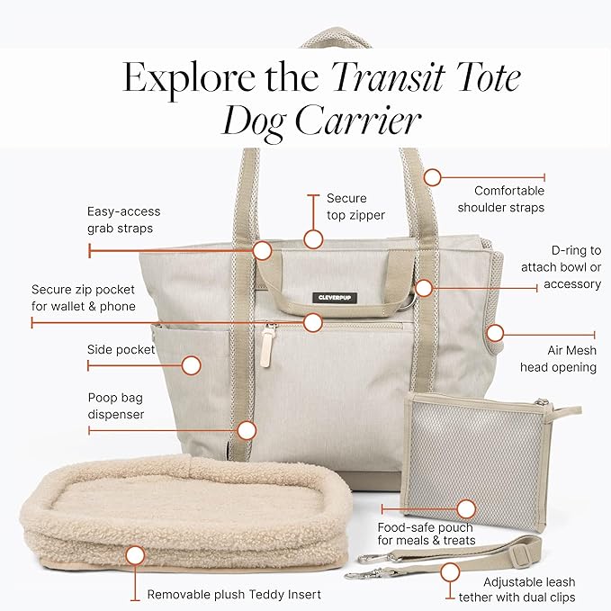 Transit Tote Dog Carrier for Small/Medium Dogs 8-20 lbs, 19x12x9 Soft-Sided 4-Pc Set with Waterproof Base, Plush Insert, Food Pouch, Mesh Head Opening - Medium, Sand