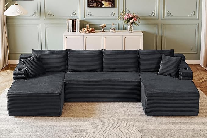 133" Couches for Living Room Deep-Seat Sectional Couch for Living Room Corduroy Boneless Couchs U-Shape Cloud Couch Flexible Modular Sectional Sofa with Chaise Lounge (Dark Gray, with Cup Holder)
