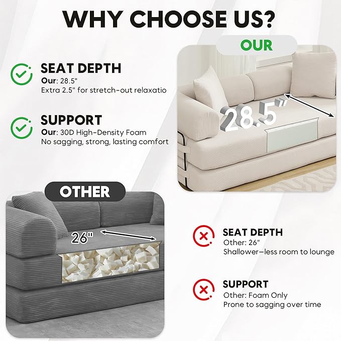 Convertible Sleeper Sofa Bed with Cylindrical Pillow, Corduroy Folding Mattress Couch with Fixed-Shape Frame, Floor Sofa Lounge Couch for Living Room Bedroom Lounge Studio, Beige