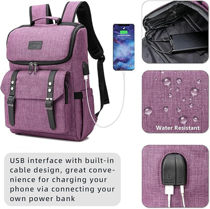YALUNDISI Vintage Backpack Travel Laptop Backpack with usb Charging Port for Women & Men College Backpack Fits 15.6 Inch Laptop Purple