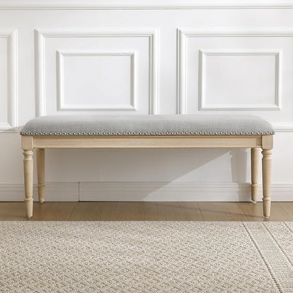 DM Furniture 46'' French Country Entryway Bench Wooden Linen Fabric Upholstered Seat Dinng Bench with Nailhead Trim for Hallway End of Bed, Grey