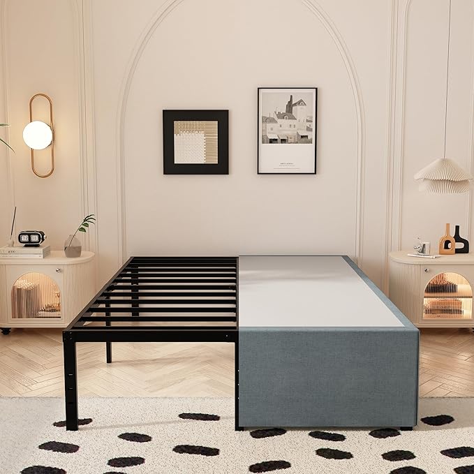 California King Bed Frames with Fabric Cover, 18 Inch Heavy Duty Metal Platform Support Up to 3000 lbs with Steel Slat, No Box Spring Needed, Easy Assembly, Noise Free, Black