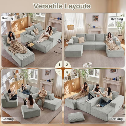 135" U-Shape Cloud Couch, Modern Modular Sectional Comfy L-Shape Sofa with Ottoman, Deep Seat, Upholstered Corduroy Sleeper Chaise Longue for Living Room Bedroom, No Assembly Required, Grey